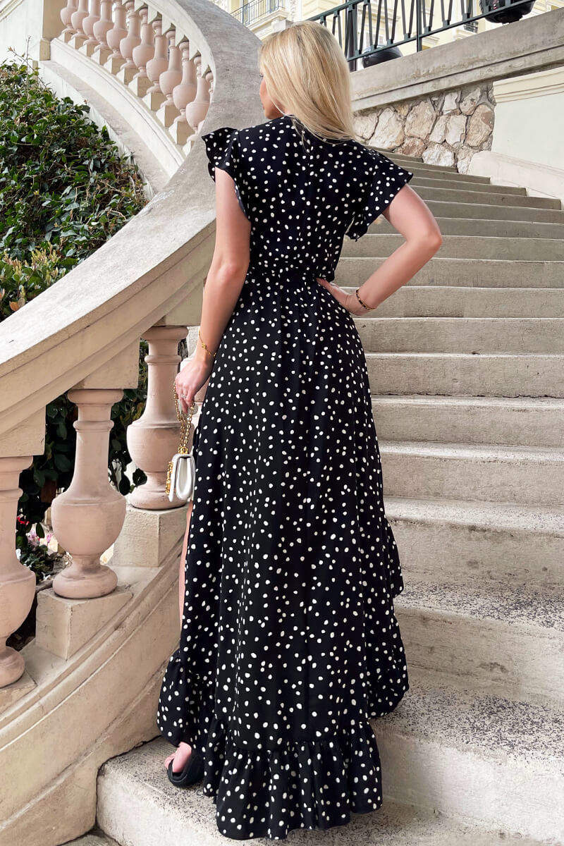 Black And White Polka Dot Wrap Over Top Frill Hem Midi Dress - Image 5