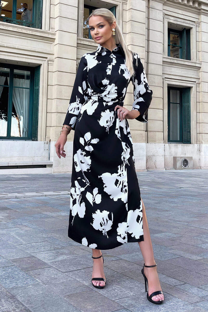 Black And White Print Draped Shirt Midi Dress - Image 5
