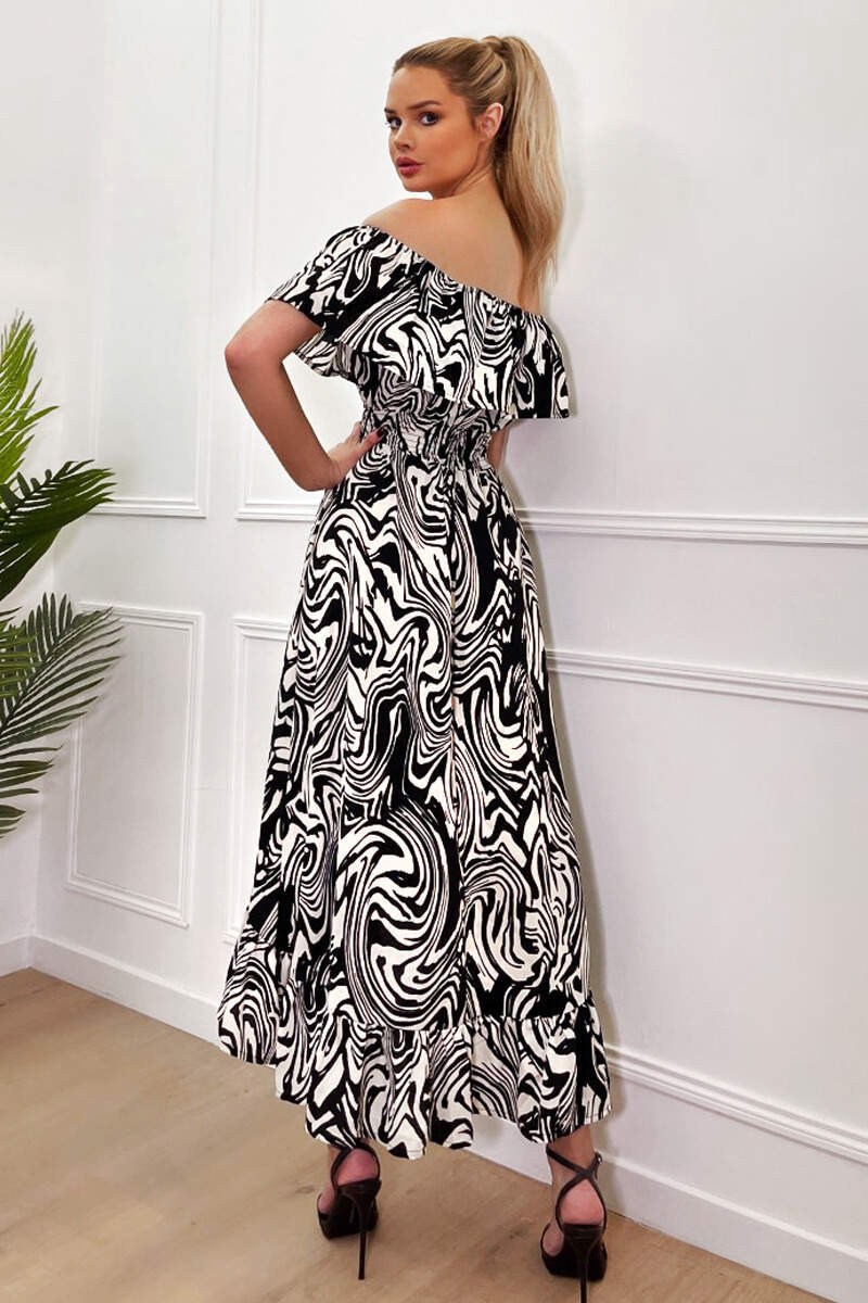 Black And White Printed Bardot Style Midi Dress - Image 5