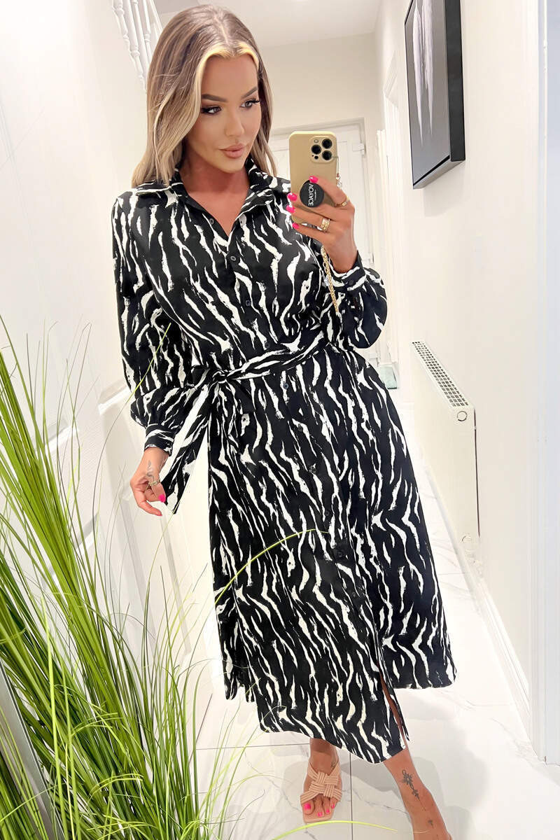 Black And White Printed Button Up Midi Shirt Dress - Image 2