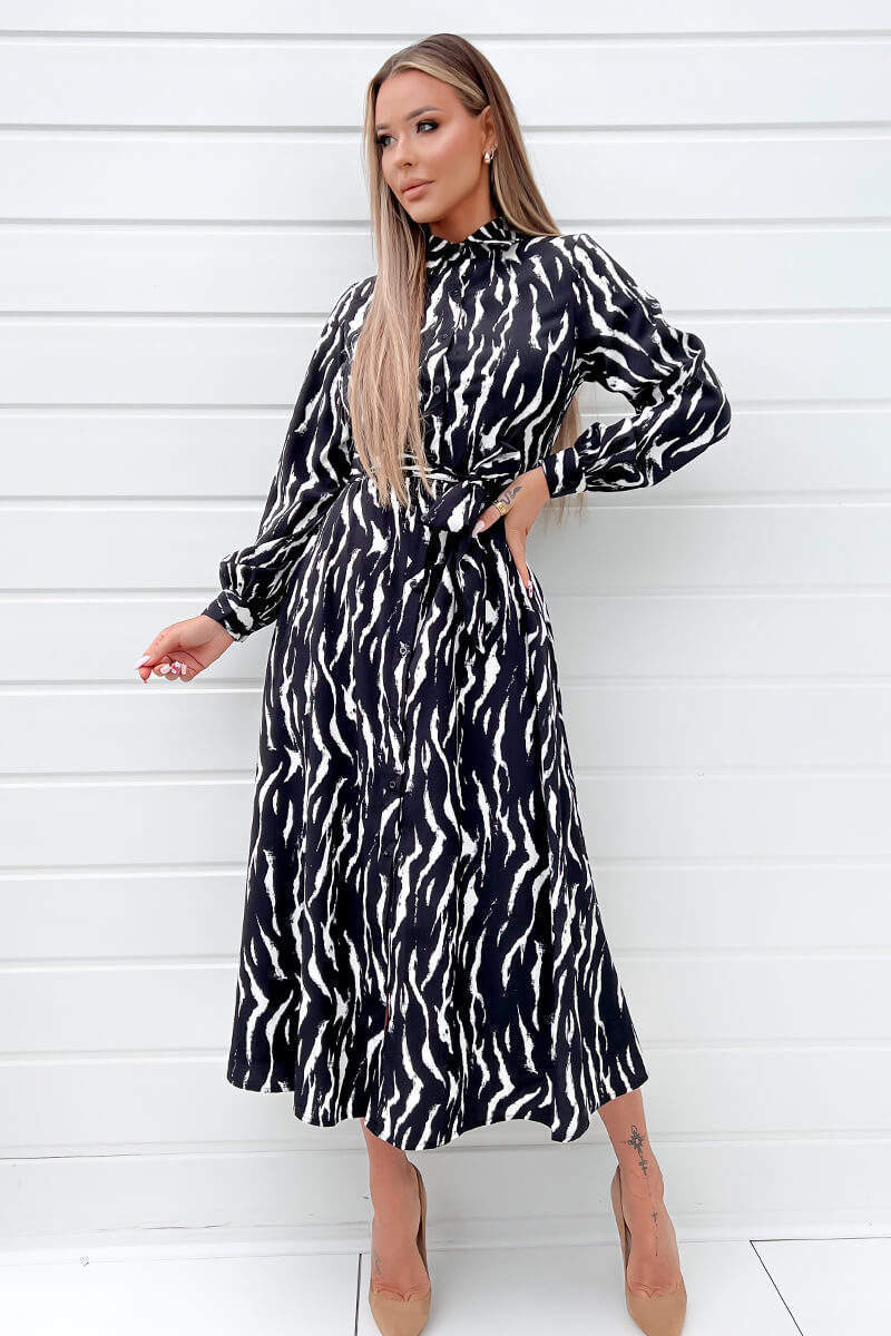 Black And White Printed Button Up Midi Shirt Dress - Image 3