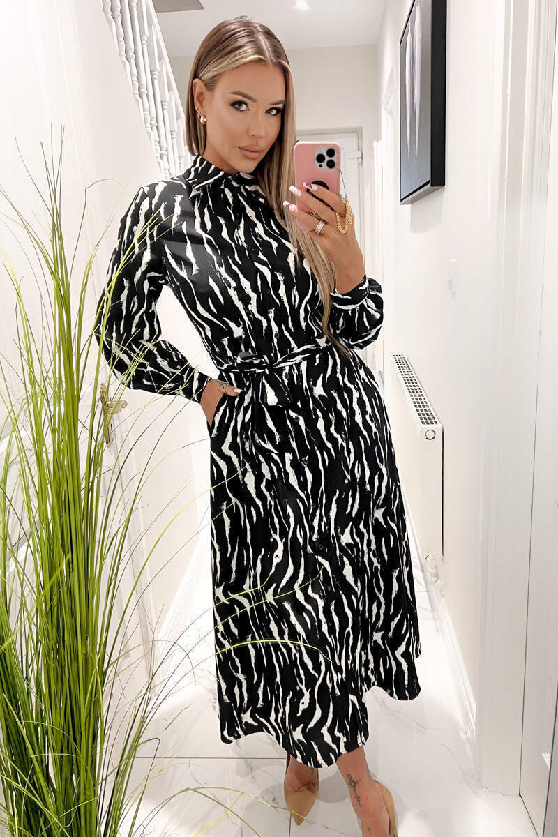Black And White Printed Button Up Midi Shirt Dress - Image 4