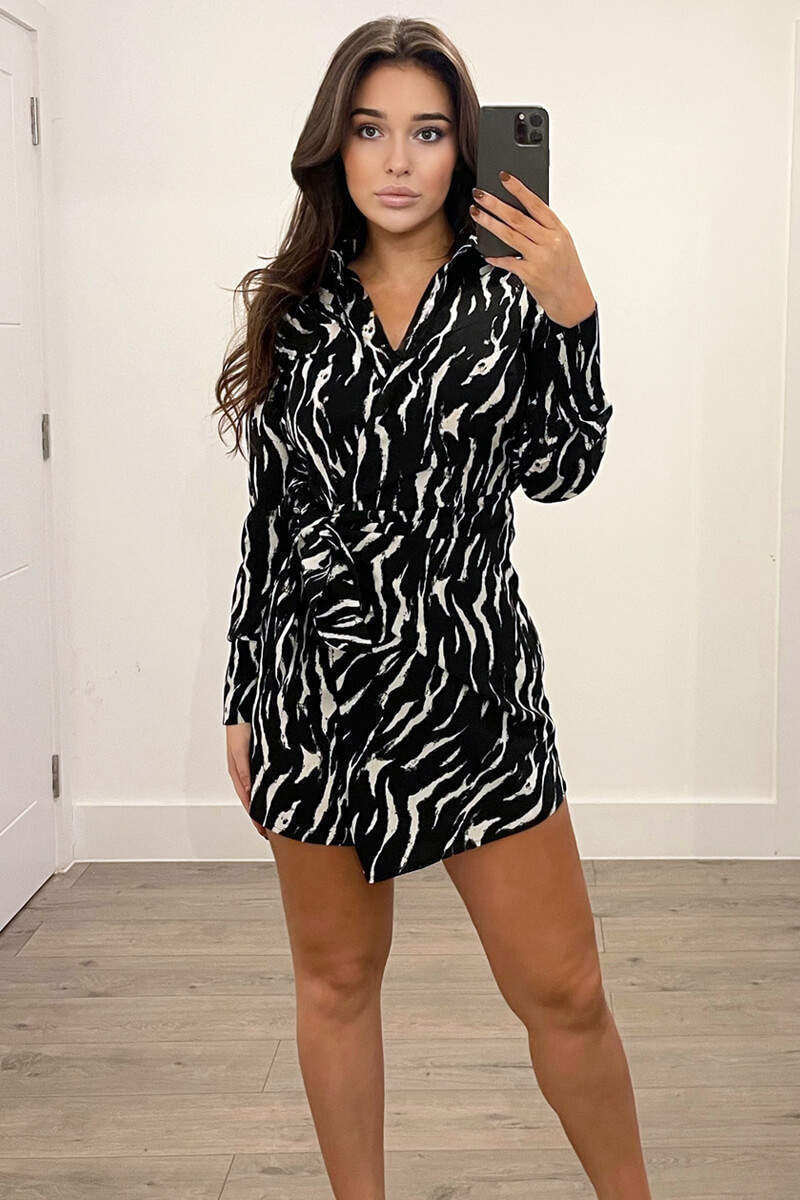 Black and White Printed Tie Wrap Long Sleeve Dress - Image 2