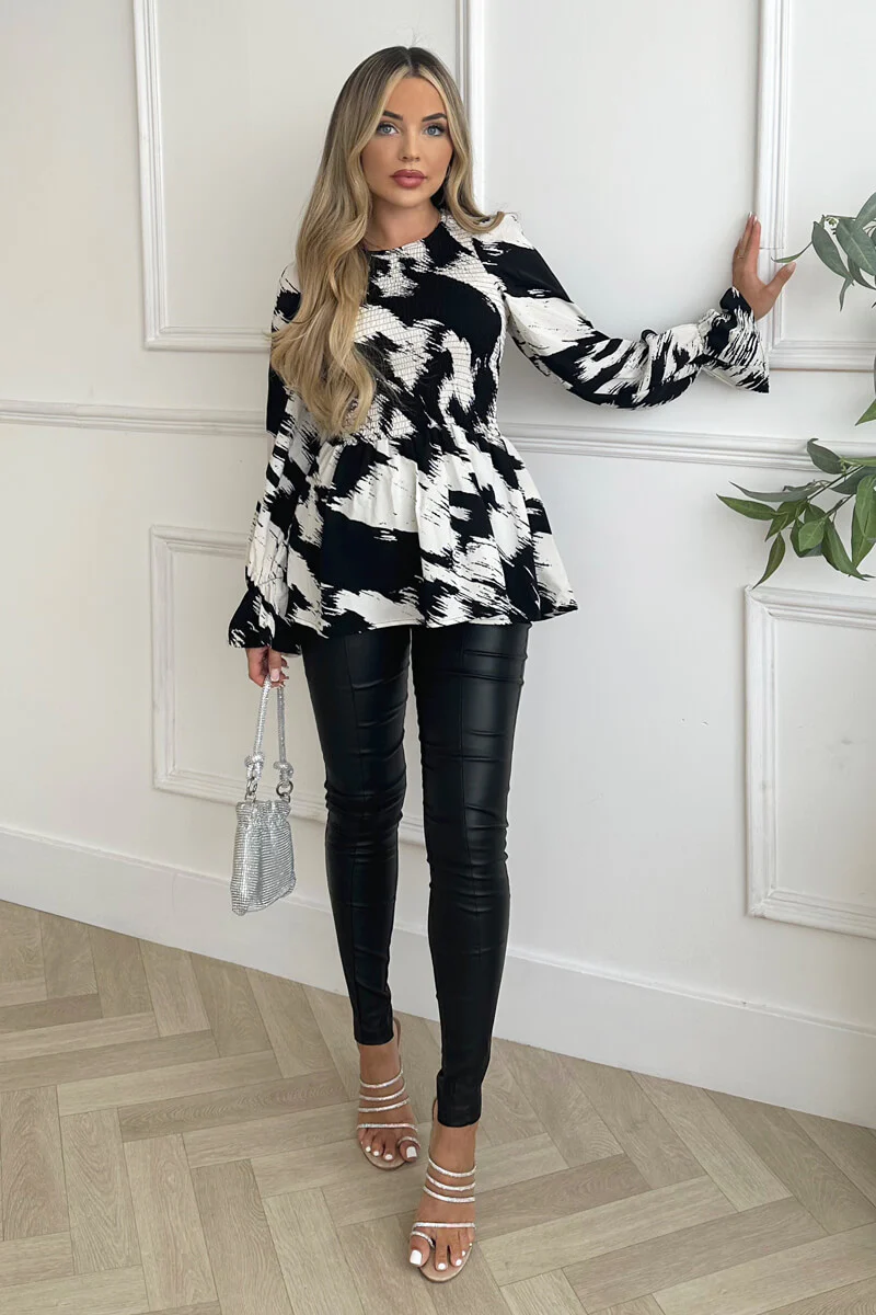 Black And White Shirred Body Long Sleeve Top - Image 3
