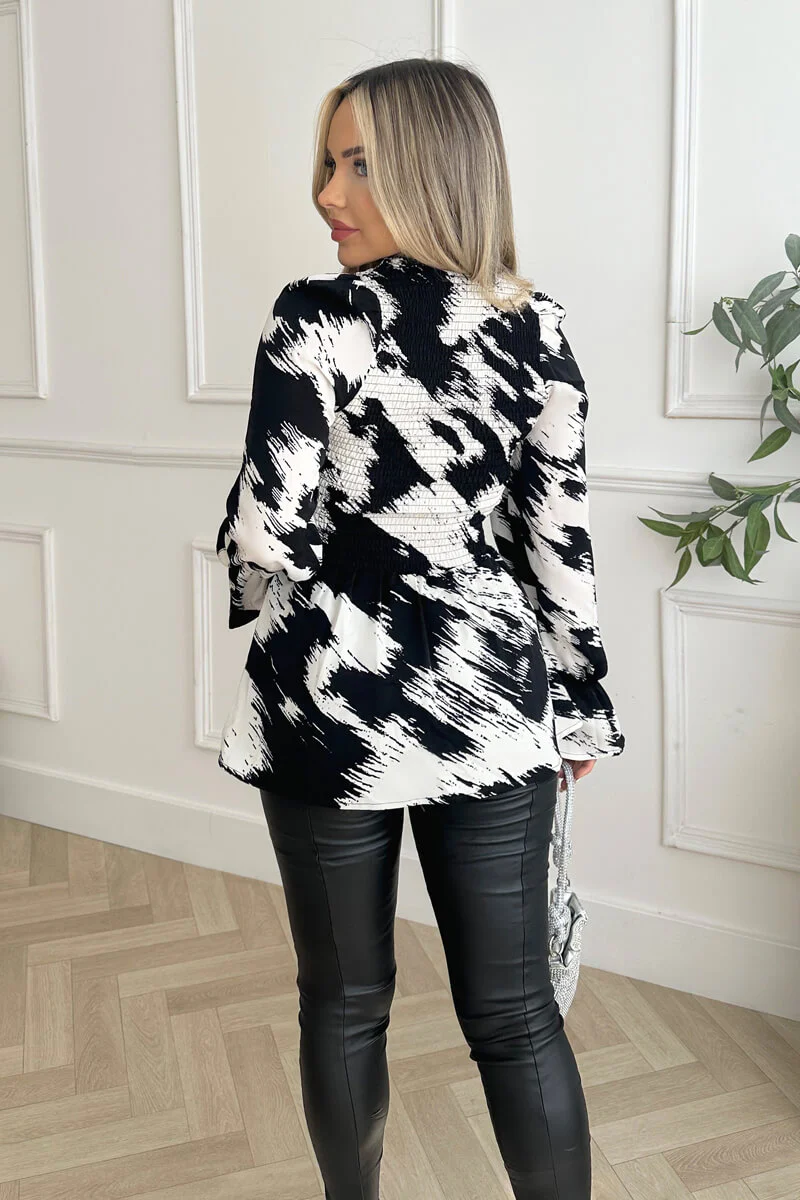 Black And White Shirred Body Long Sleeve Top - Image 4