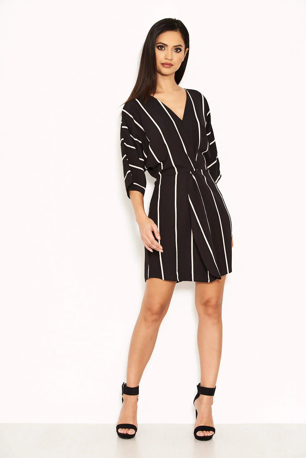 Black and White Striped Wrap Mini Dress - Image 2