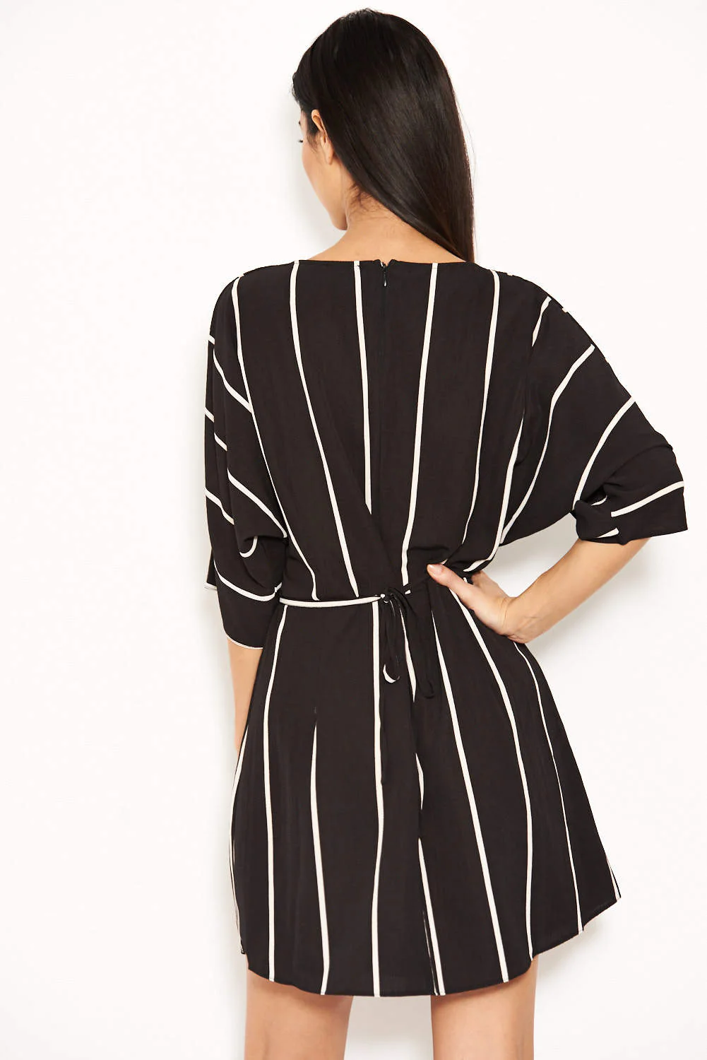 Black and White Striped Wrap Mini Dress - Image 3