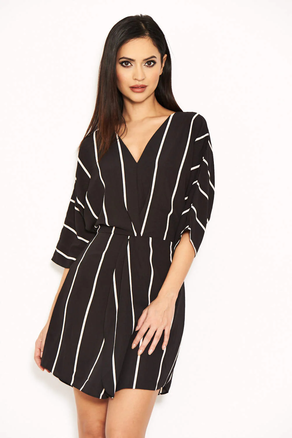Black and White Striped Wrap Mini Dress - Image 4