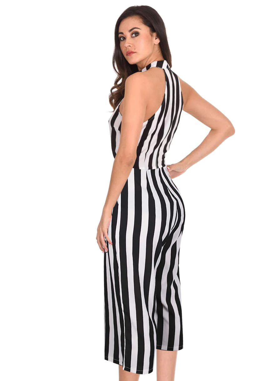 Black and White Stripped Cut in Neck Jumpsuit - Image 3