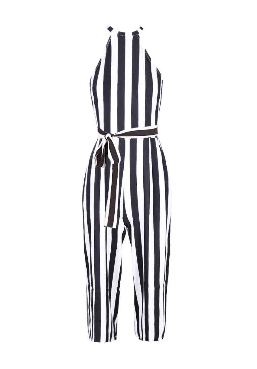 Black and White Stripped Cut in Neck Jumpsuit - Image 4