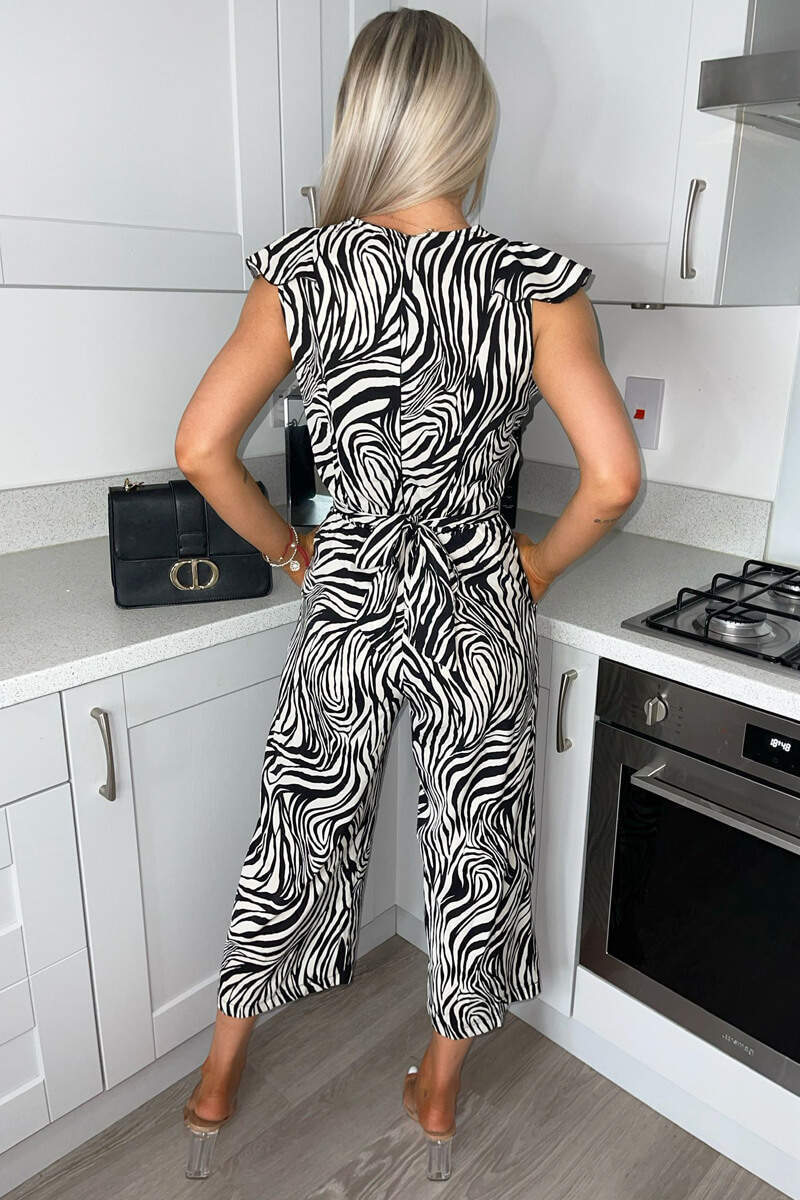 Black And White Zebra Print Frill Front Tie Waist Jumpsuit - Image 4