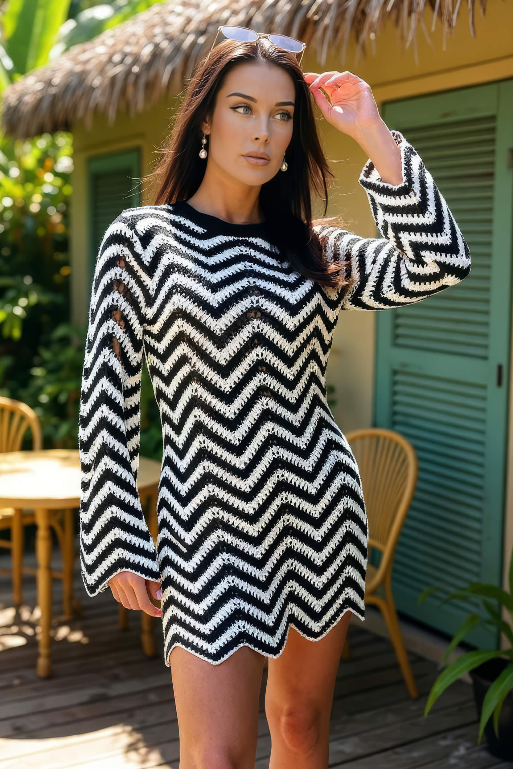 Black And White Zig Zag Long Sleeve Crochet Mini Dress - Image 2