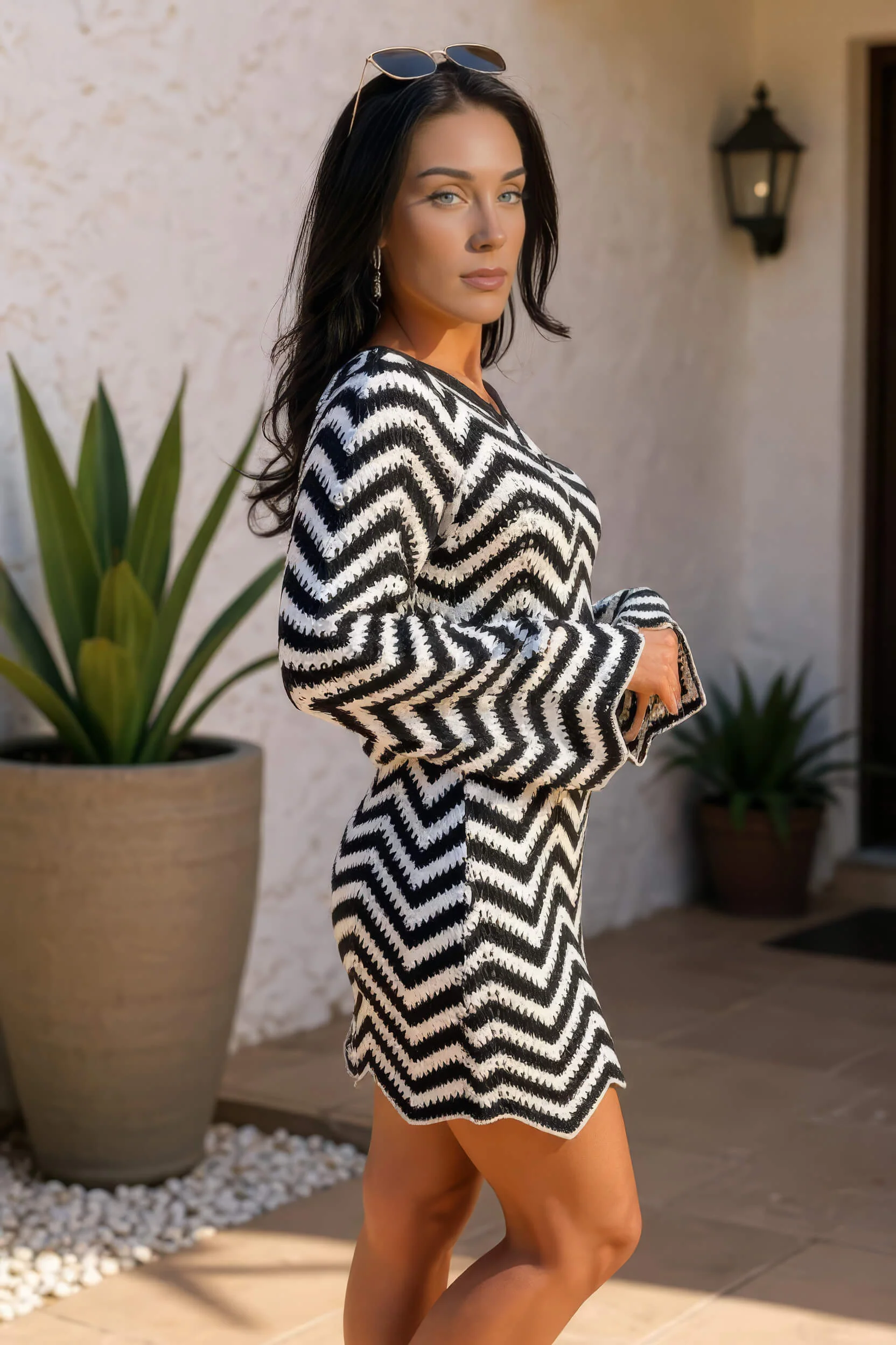 Black And White Zig Zag Long Sleeve Crochet Mini Dress - Image 4