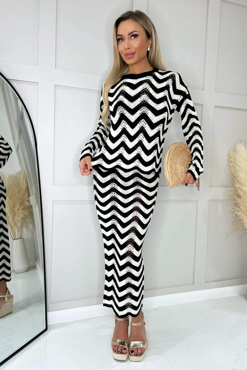 Black And White Zig Zag Long Sleeve Crochet Top - Image 4