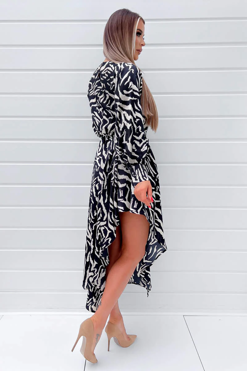 Black Animal Print High Low Skirt Midi Dress - Image 3