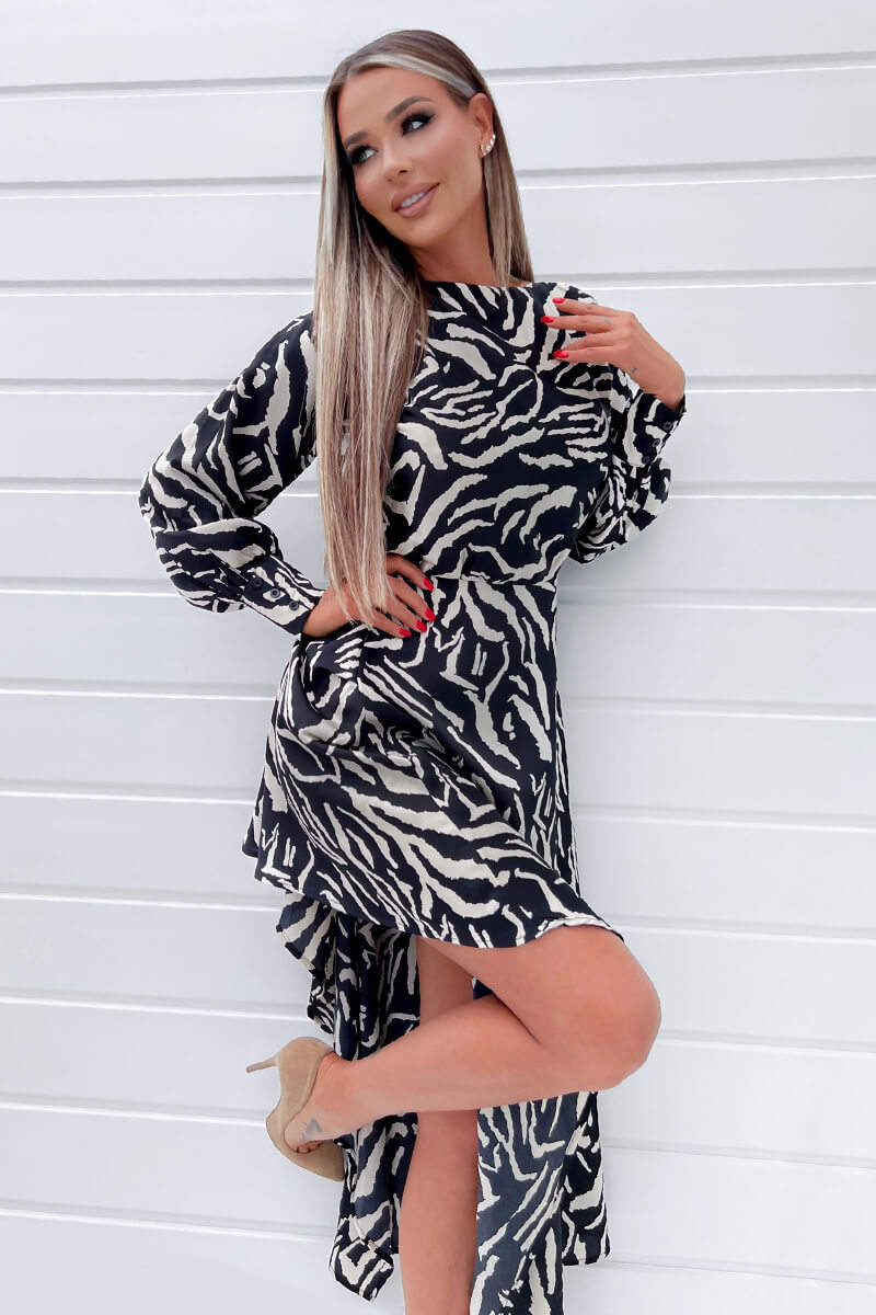 Black Animal Print High Low Skirt Midi Dress - Image 4