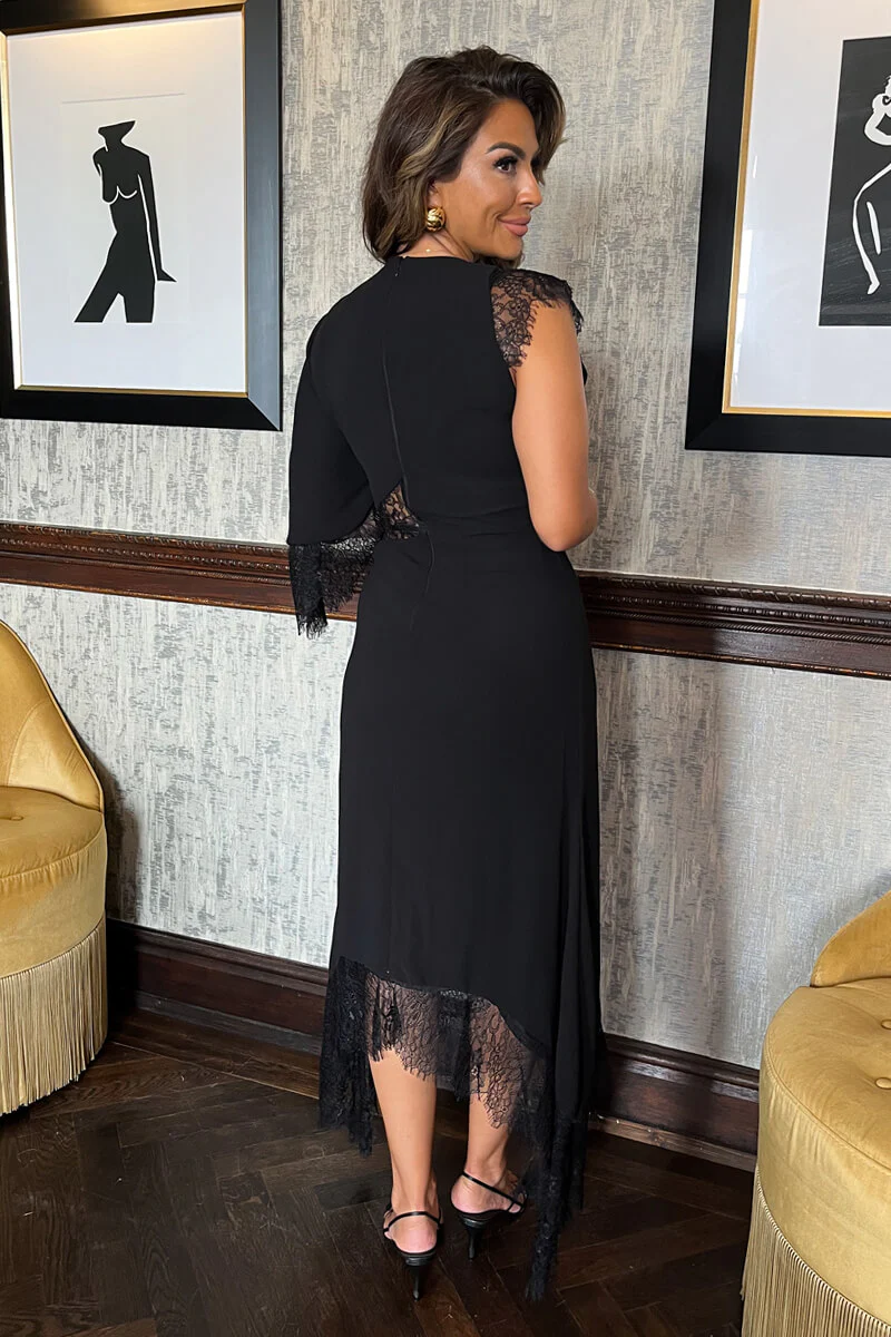 Black Asymmetric Batwing Lace Detailing Cut Out Midi Dress - Image 4