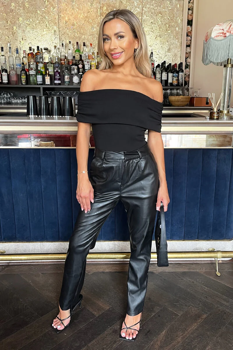 Black Bardot Fold Over Top Detail Bodysuit - Image 2