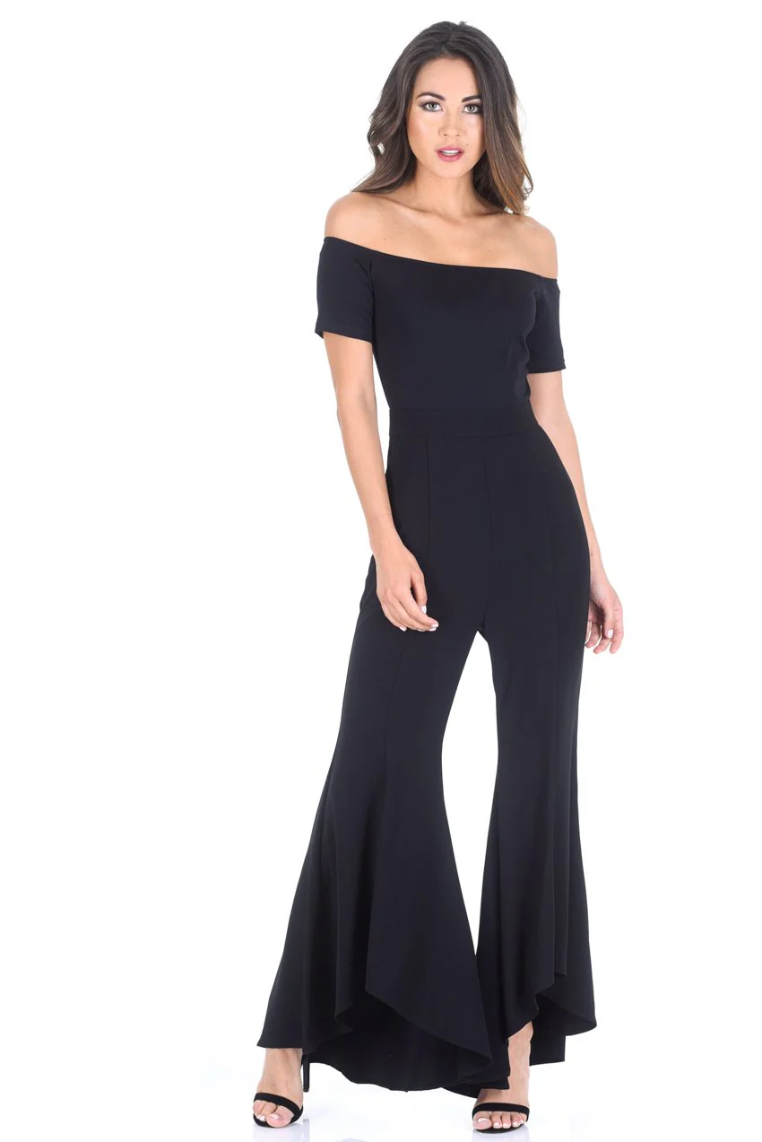 Black Bardot Jumpsuit With Flared Leg - Image 2