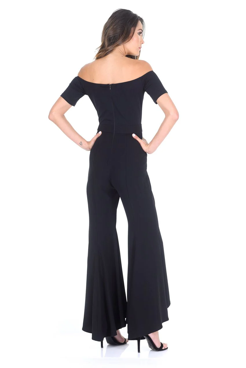 Black Bardot Jumpsuit With Flared Leg - Image 3