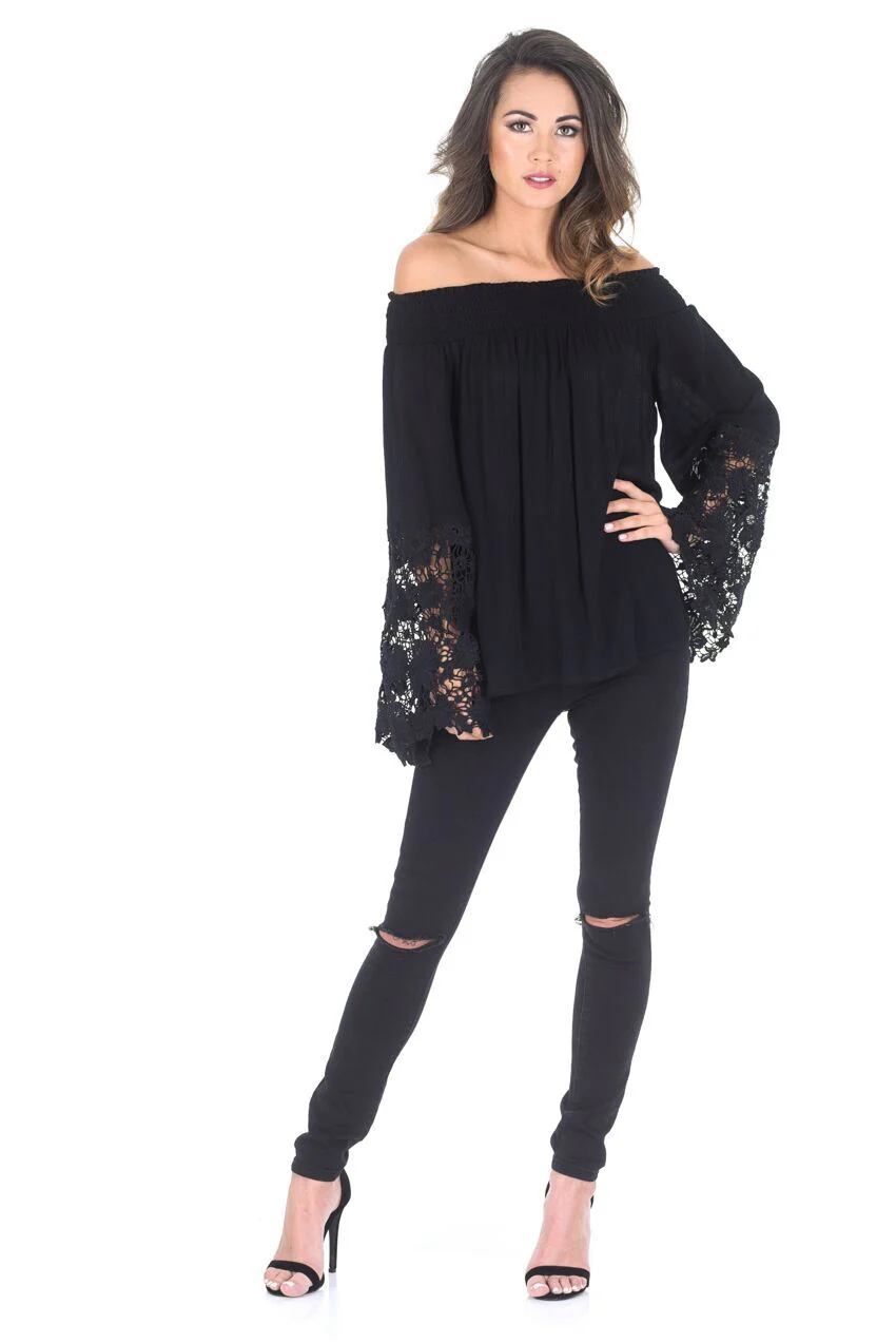 Black Bardot Top with Crochet Sleeves - Image 2