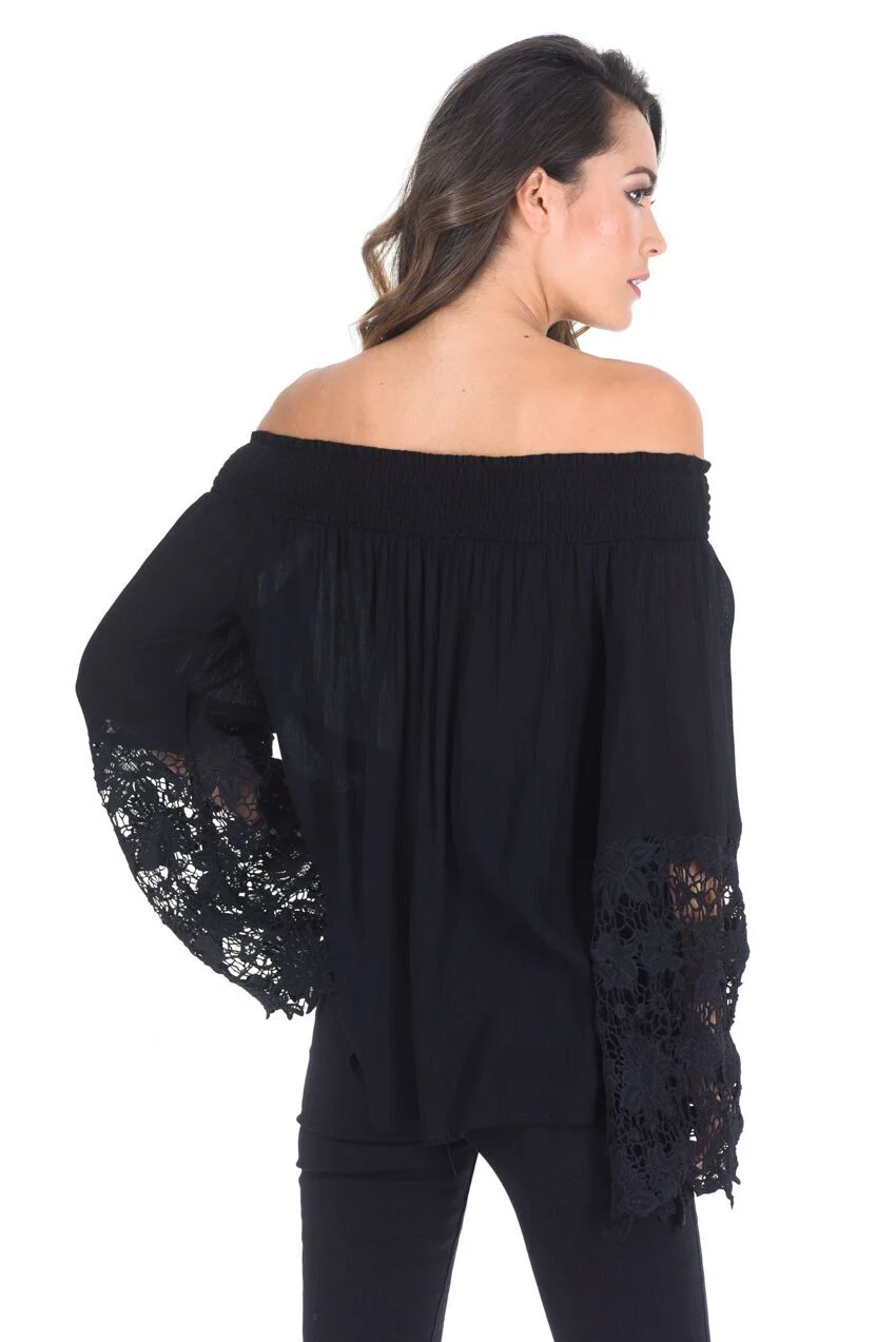 Black Bardot Top with Crochet Sleeves - Image 3