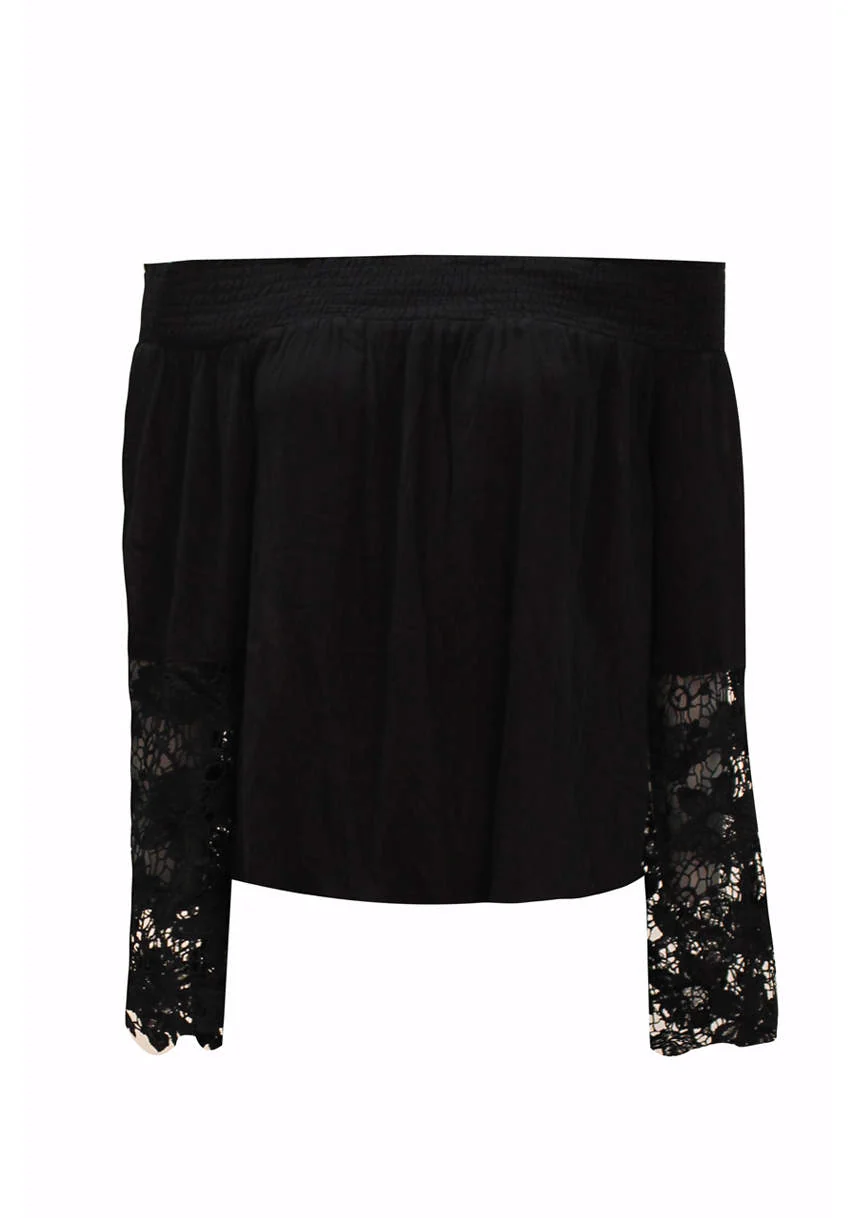 Black Bardot Top with Crochet Sleeves - Image 4