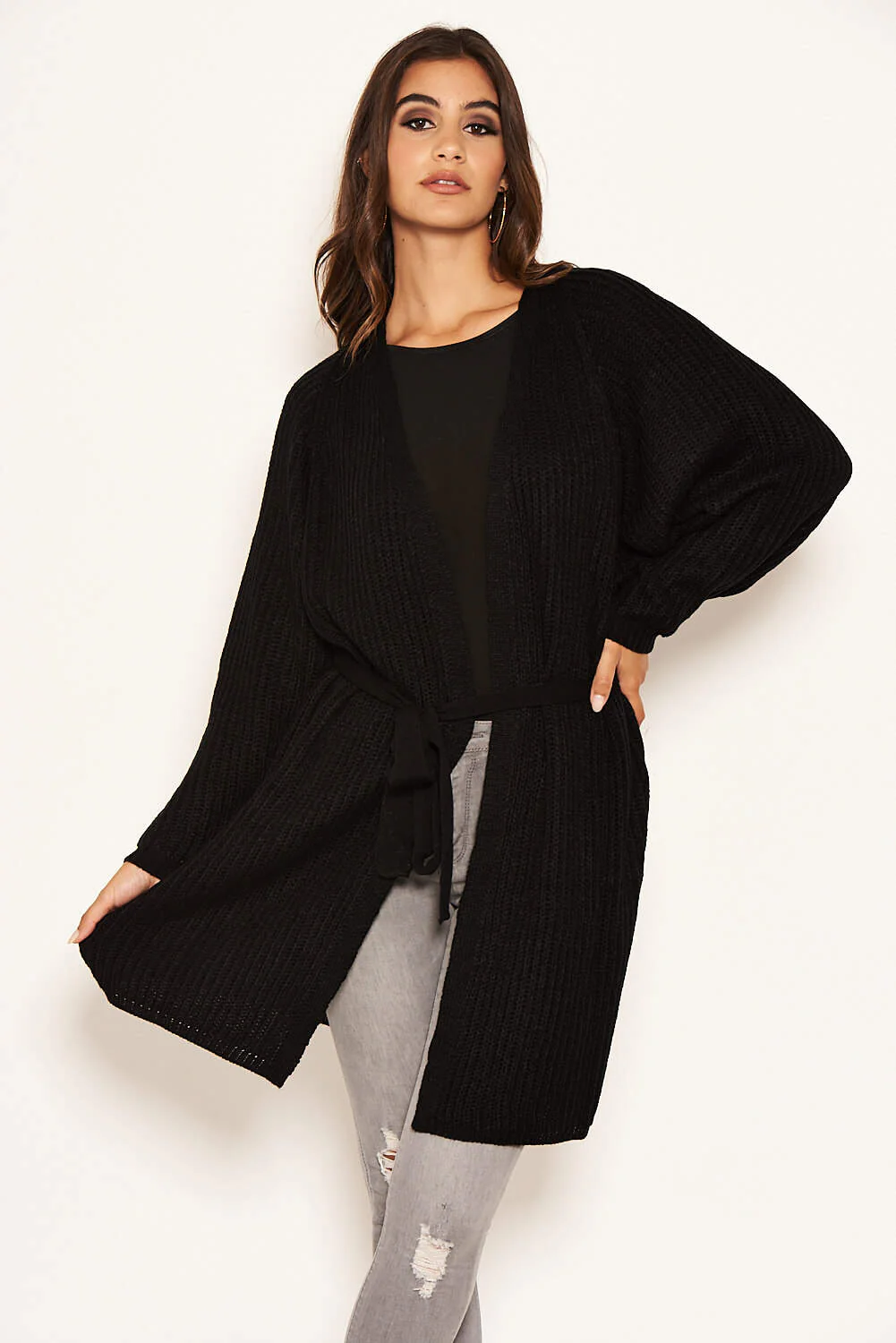 Black Belted Batwing Knit Cardigan - Image 5