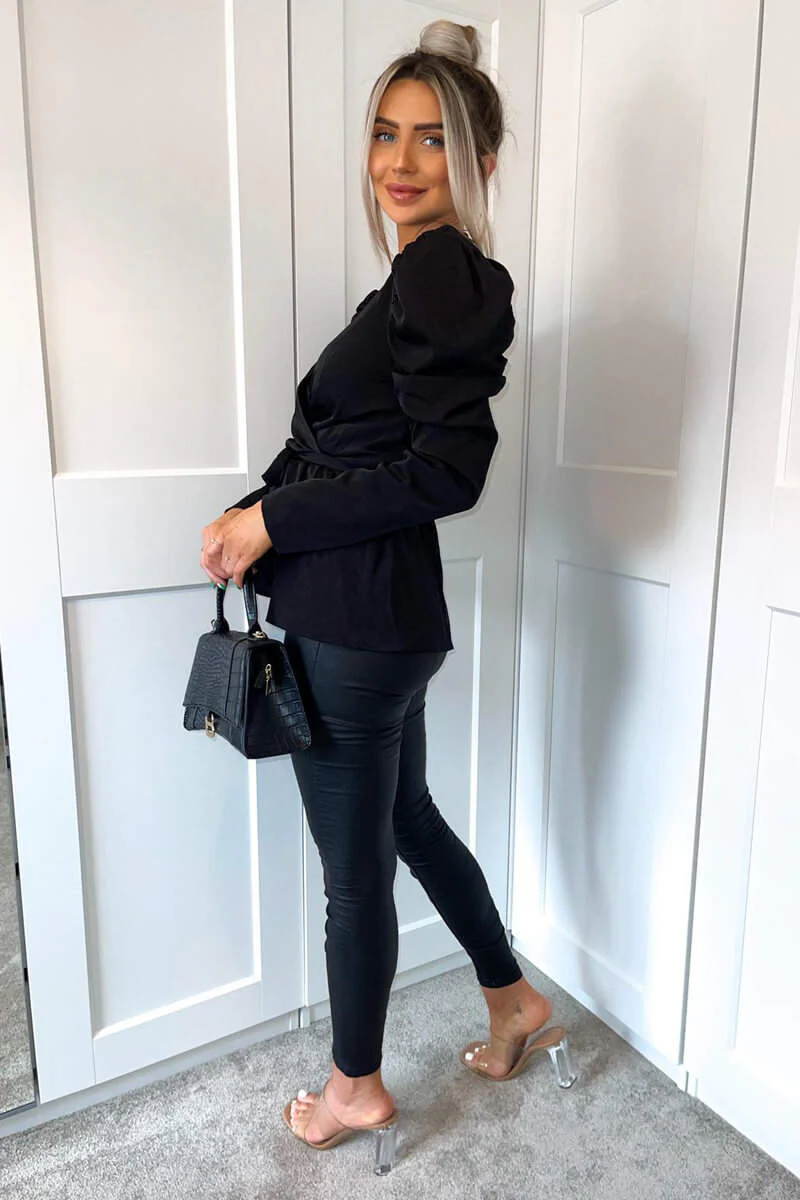 Black Belted Wrap Long Sleeve Top - Image 3