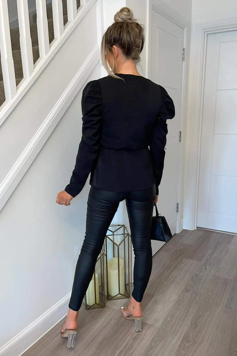 Black Belted Wrap Long Sleeve Top - Image 4