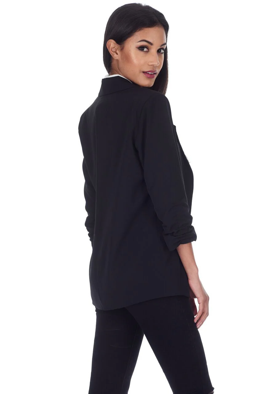Black Blazer Jacket With Ruched Sleeves - Image 3