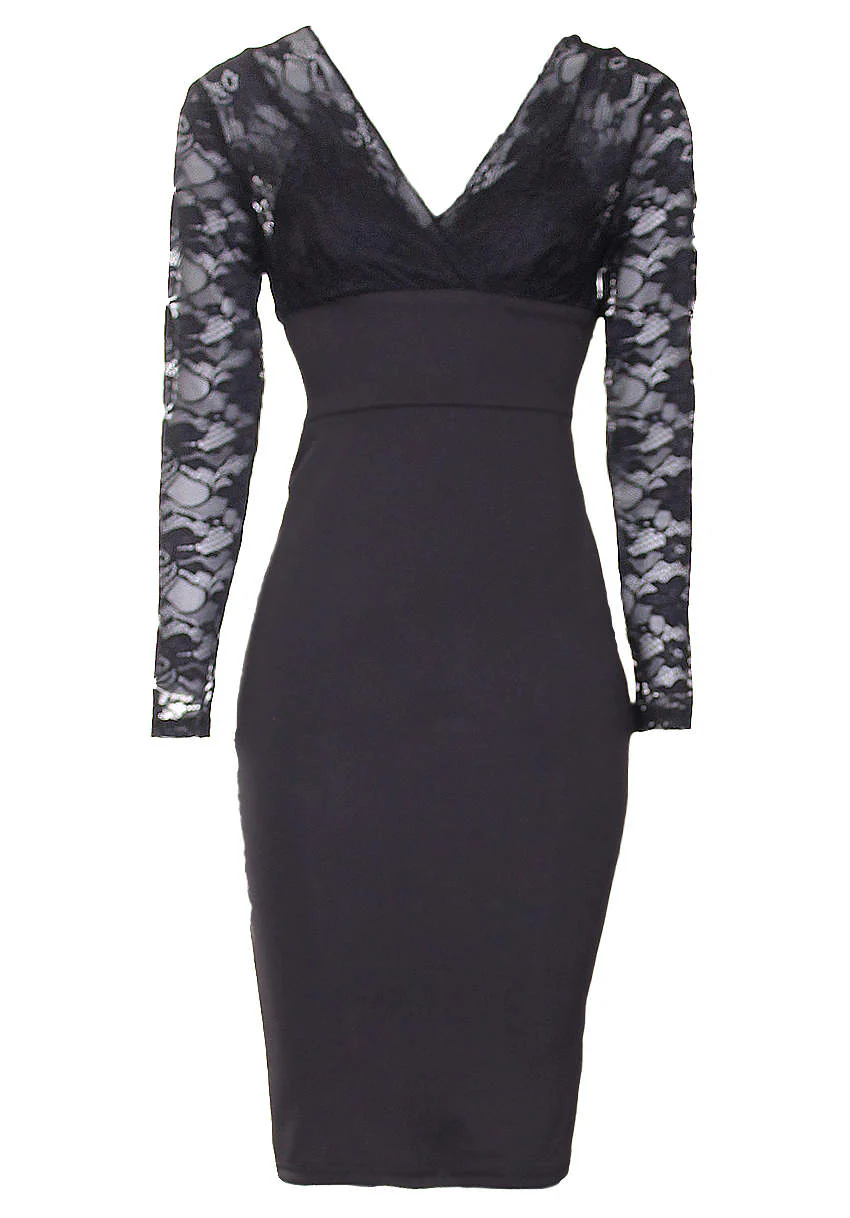 Black Bodycon Dress With Lace Top - Image 4