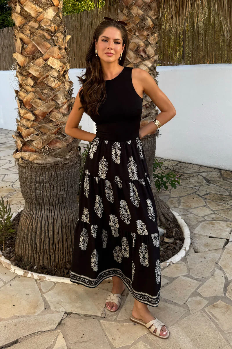 Black Border Print 2 In 1 Smock Midi Dress - Image 2
