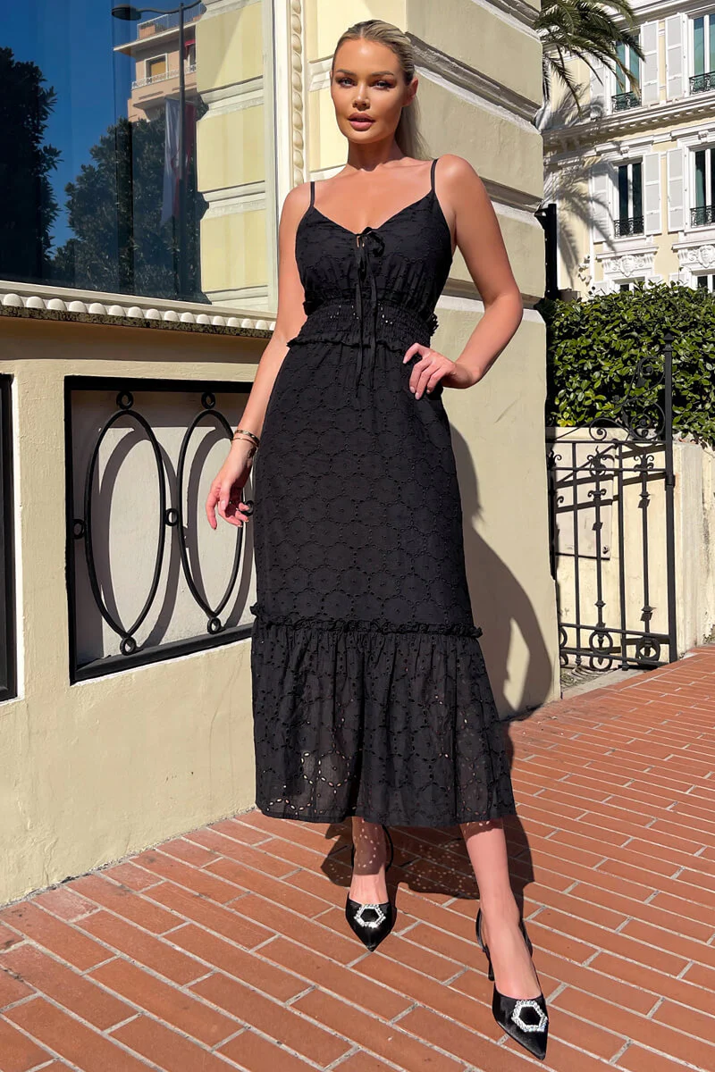 Black Broderie Frill Hem Midi Dress - Image 2