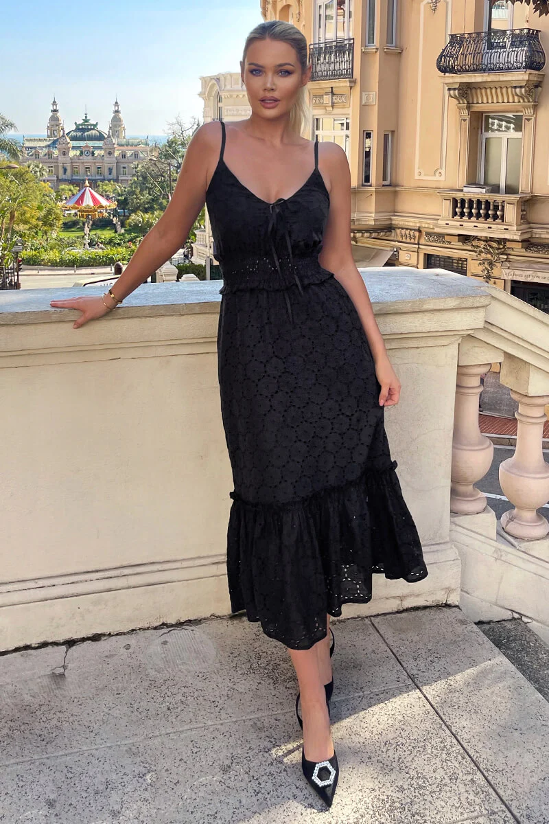 Black Broderie Frill Hem Midi Dress - Image 3