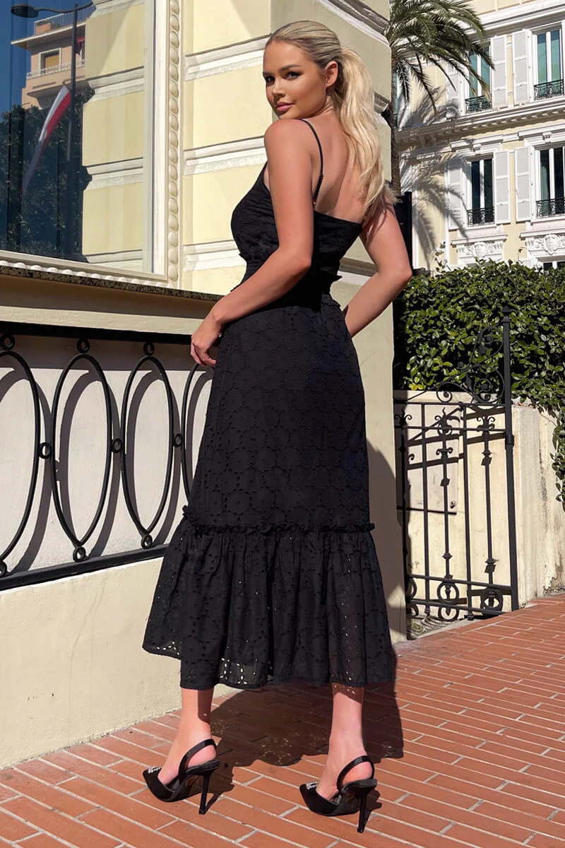 Black Broderie Frill Hem Midi Dress - Image 5