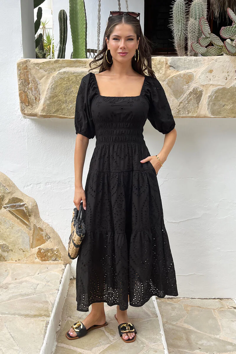 Black Broderie Puff Sleeve Smock Midi Dress - Image 2