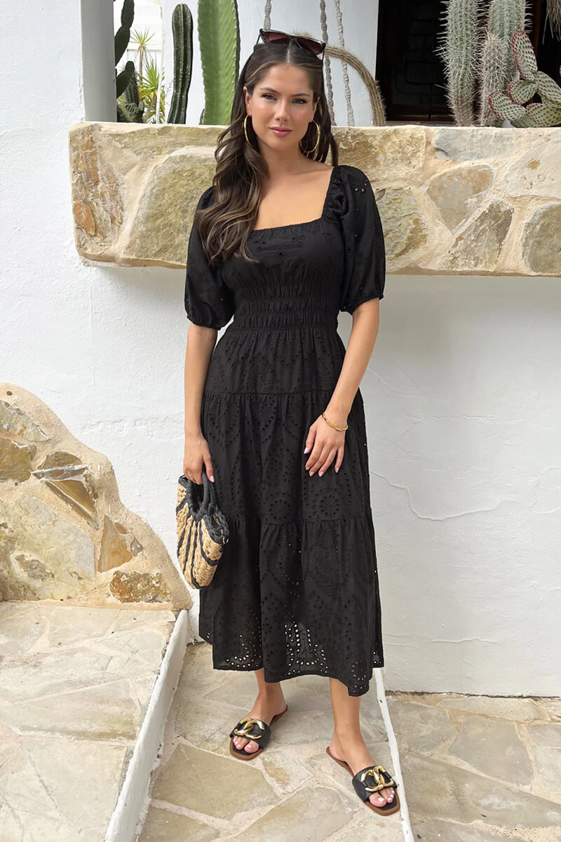 Black Broderie Puff Sleeve Smock Midi Dress - Image 3
