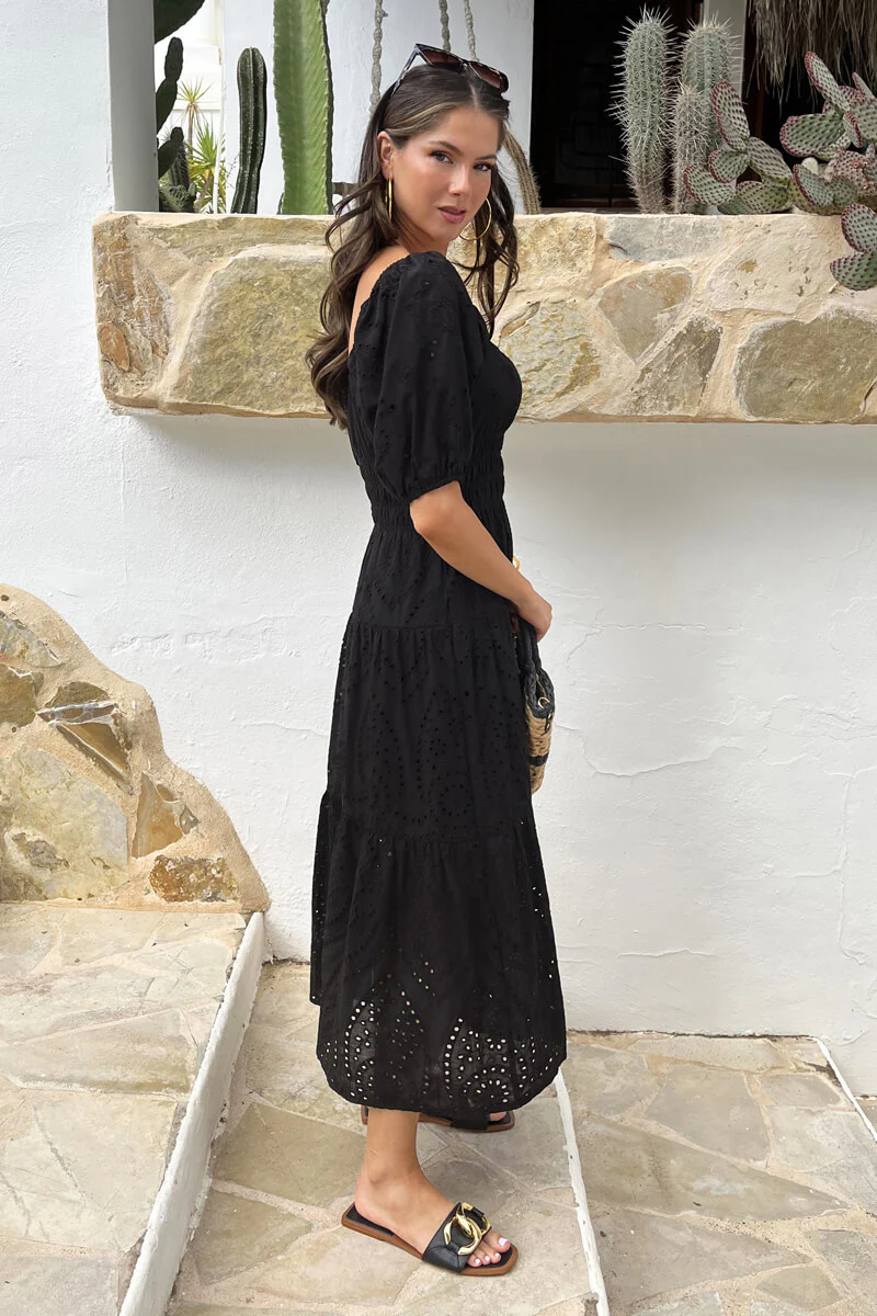 Black Broderie Puff Sleeve Smock Midi Dress - Image 4