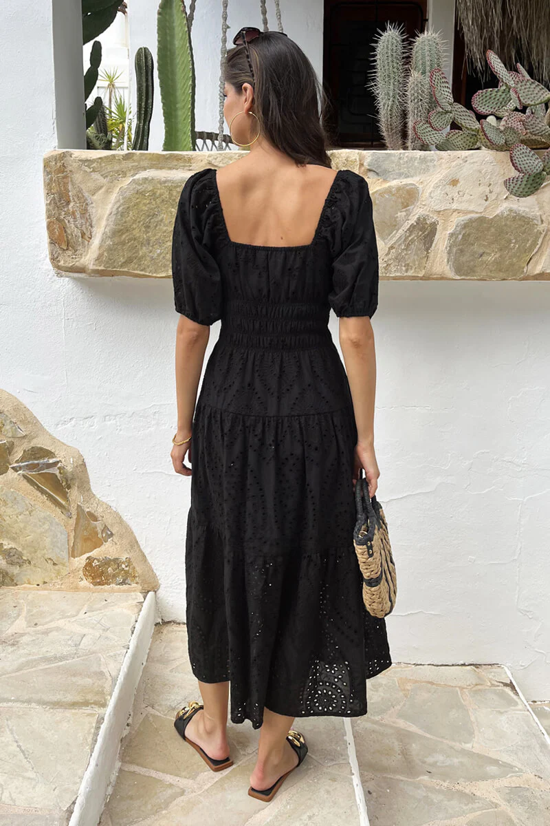 Black Broderie Puff Sleeve Smock Midi Dress - Image 5