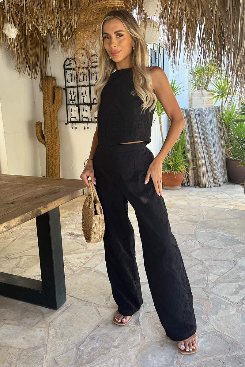 Black Broderie Wide Leg Trousers - Image 2