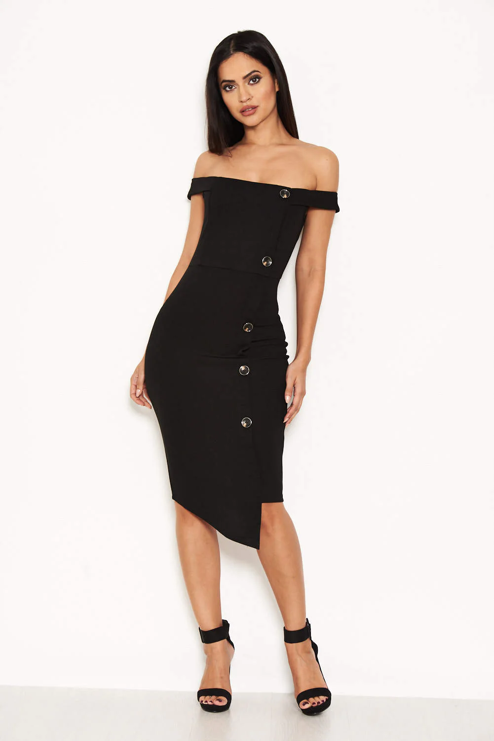Black Button Front Bardot Dress - Image 2