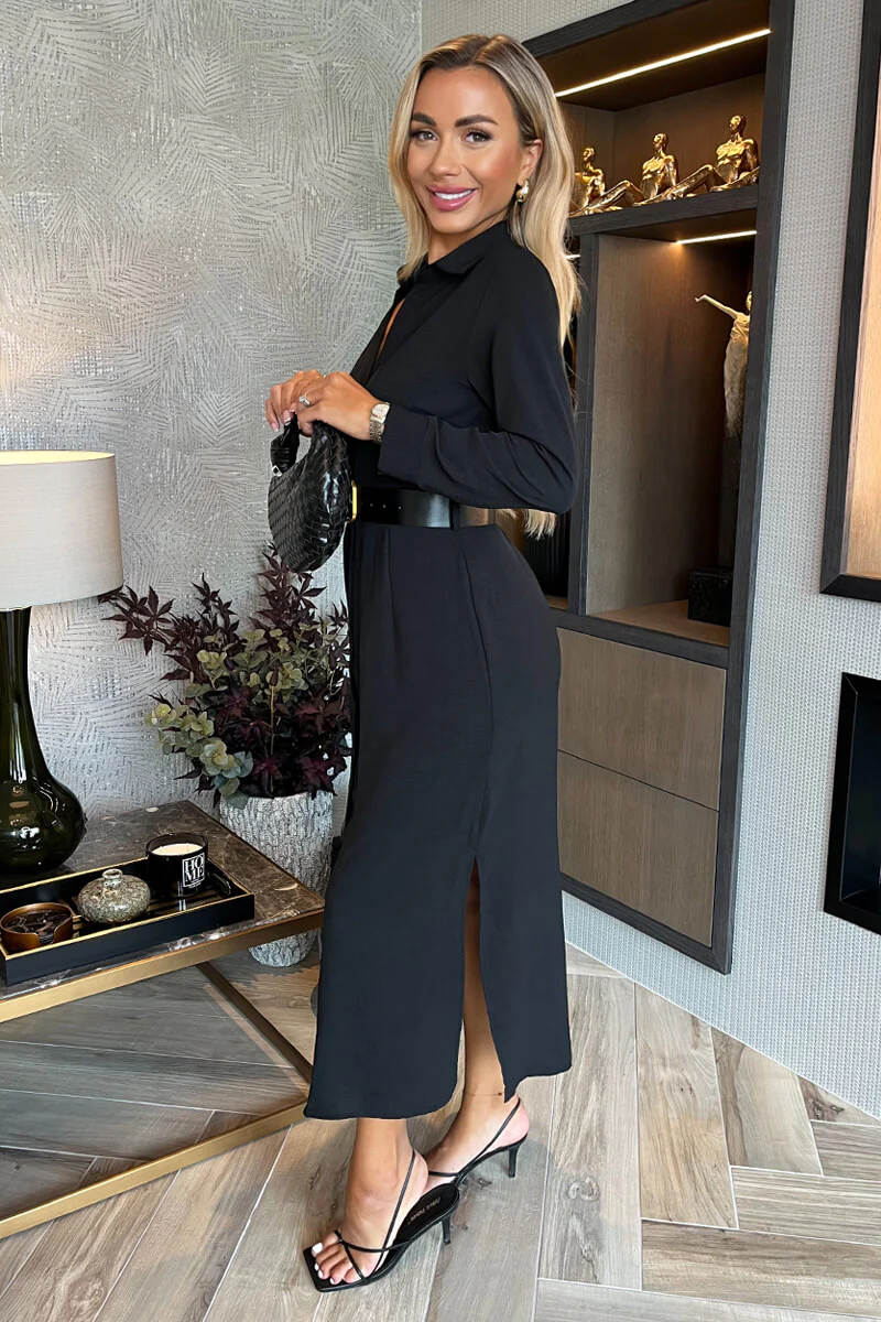 Black Button Front Belted Shirt Midi Dress - Image 4