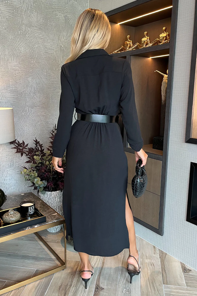 Black Button Front Belted Shirt Midi Dress - Image 5