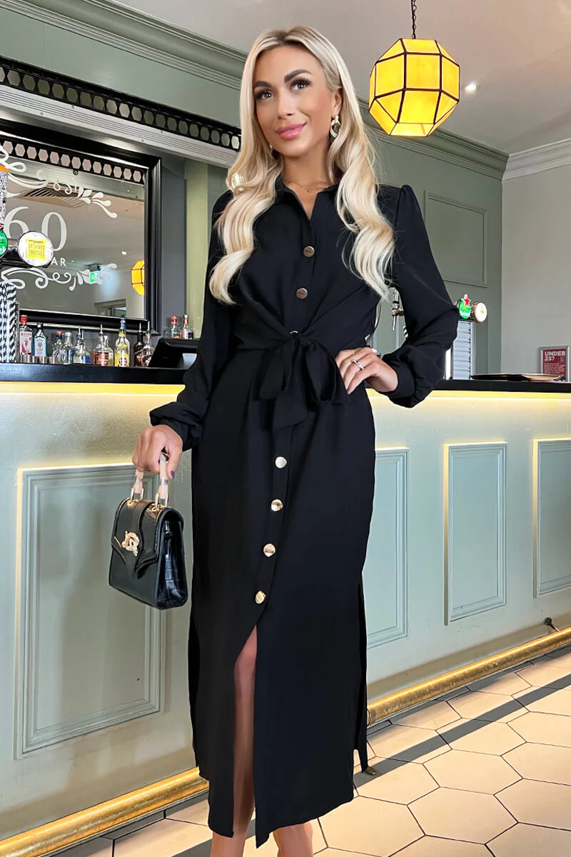 Black Button Front Tie Midi Shirt Dress - Image 2