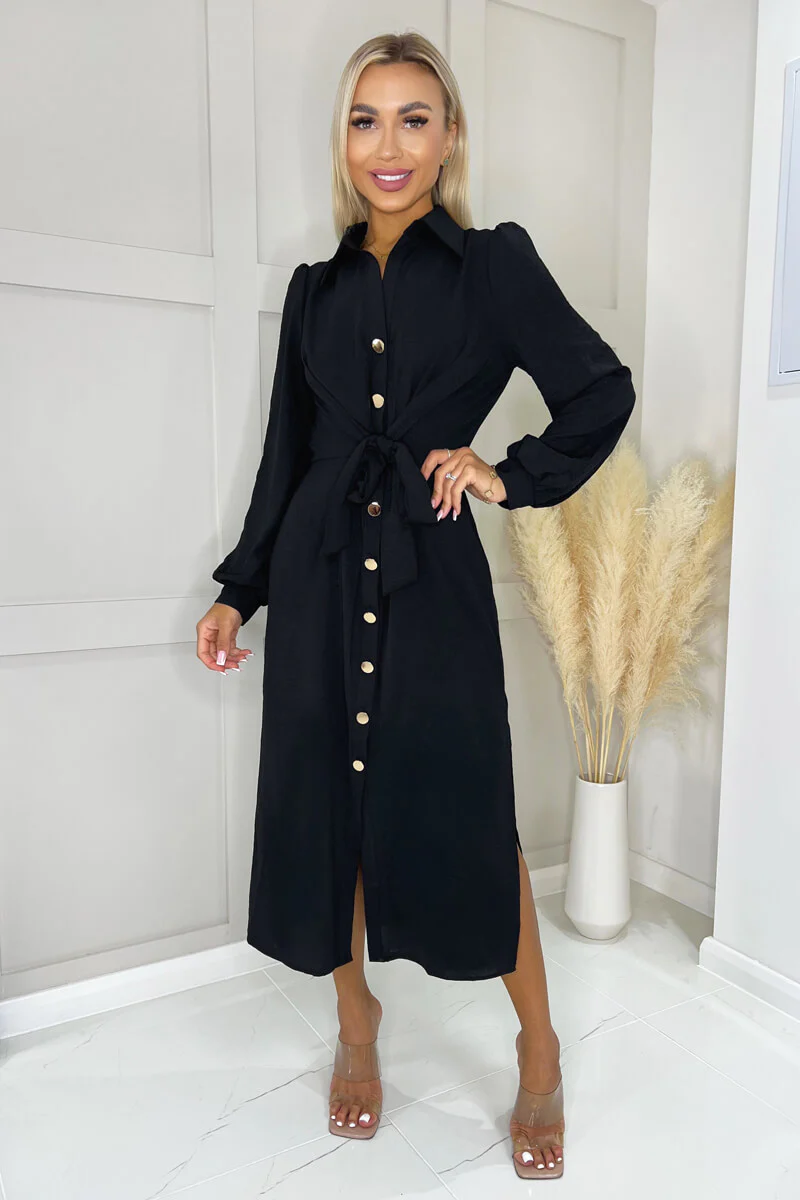 Black Button Front Tie Midi Shirt Dress - Image 3