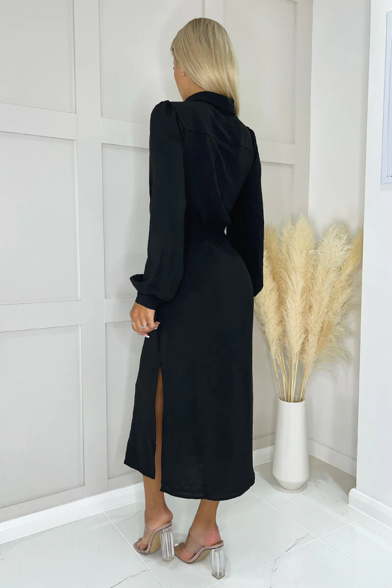 Black Button Front Tie Midi Shirt Dress - Image 5