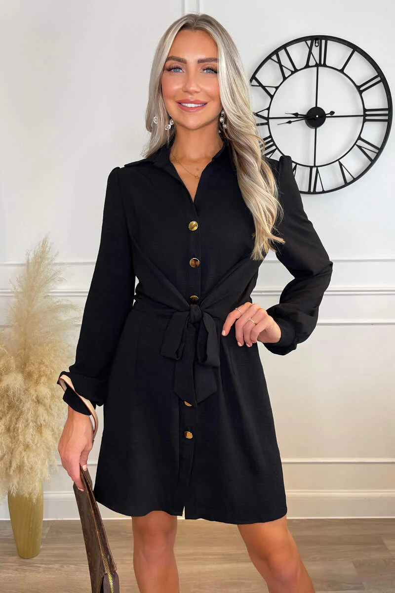Black Button Tie Front Mini Shirt Dress - Image 3