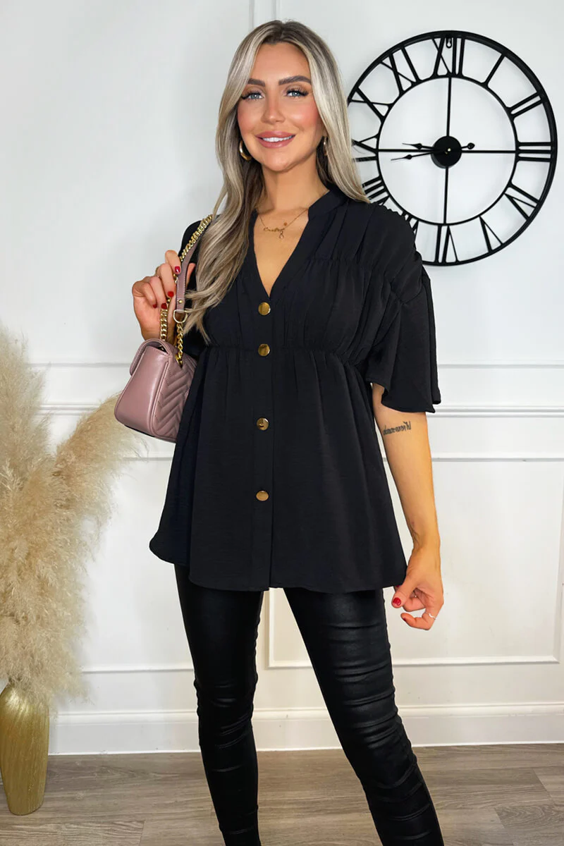 Black Button Up Ruched Detail Smock V-Neck Top - Image 3