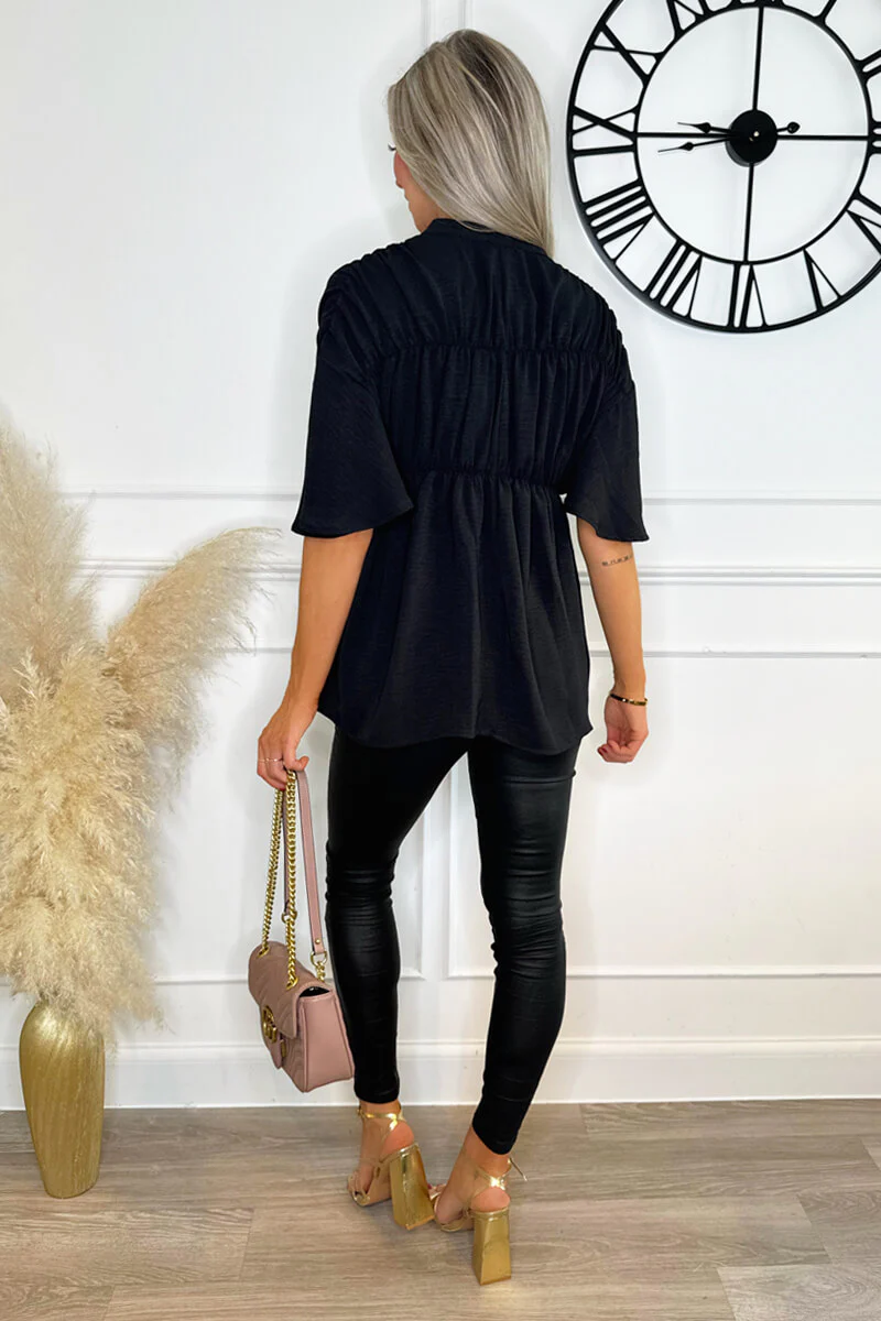 Black Button Up Ruched Detail Smock V-Neck Top - Image 5